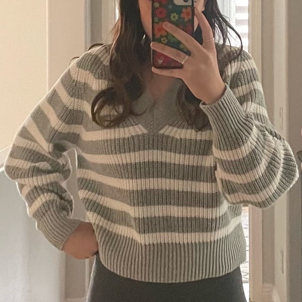 A New Day White and Gray Striped Sweater
